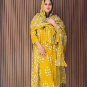 Pure Cotton Anarkali Kurta With Trousers & Dupatta